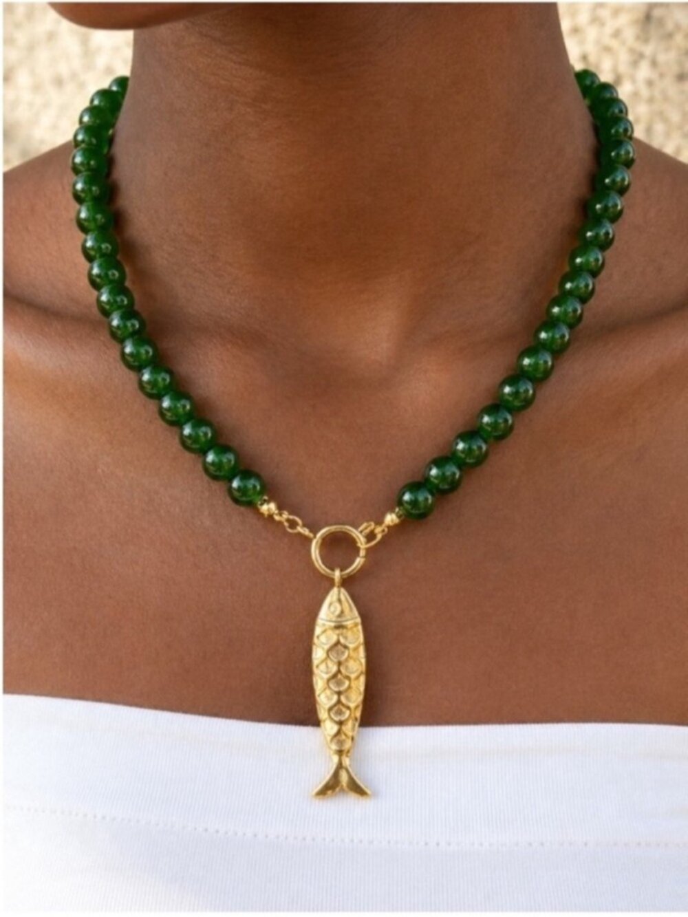 New! Coastal Green Glass Beaded Gold Fish Necklace NWOT